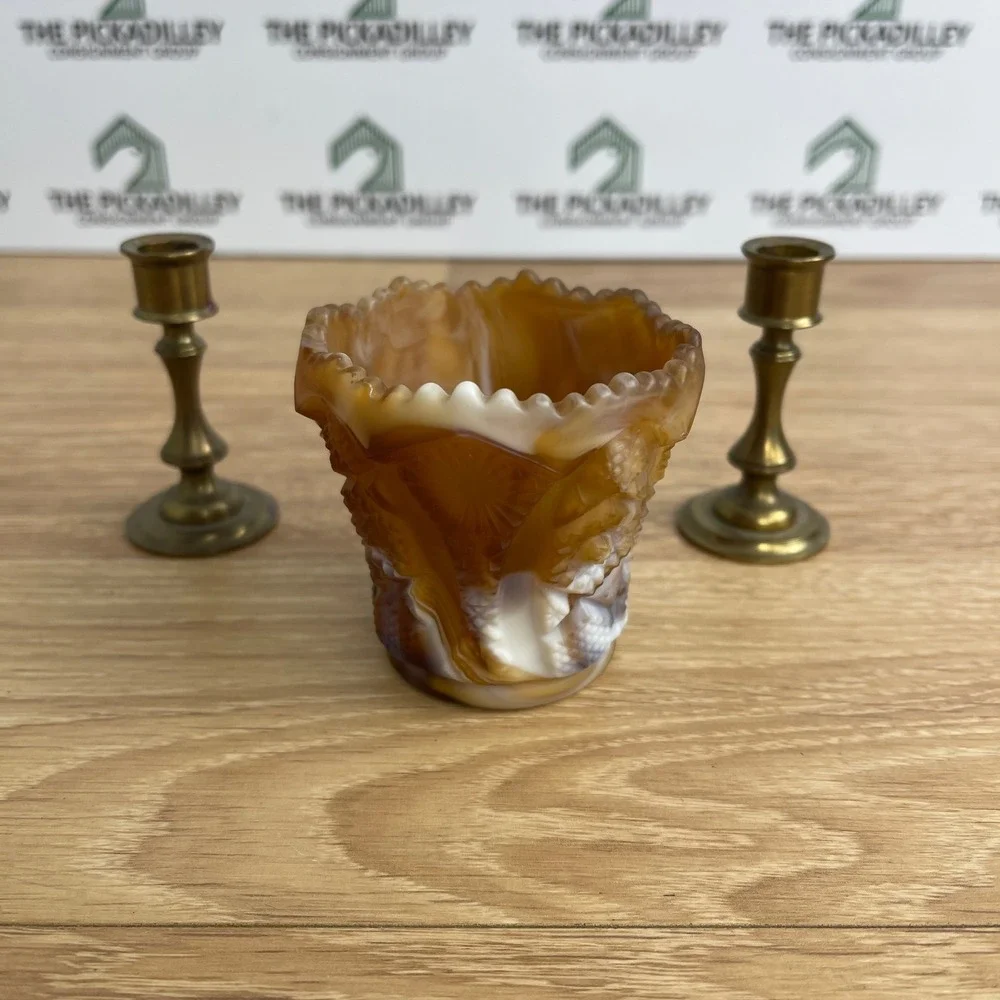 Vintage Denmark Brass Candlestick Pair and Caramel Slag Glass Toothpick Holder